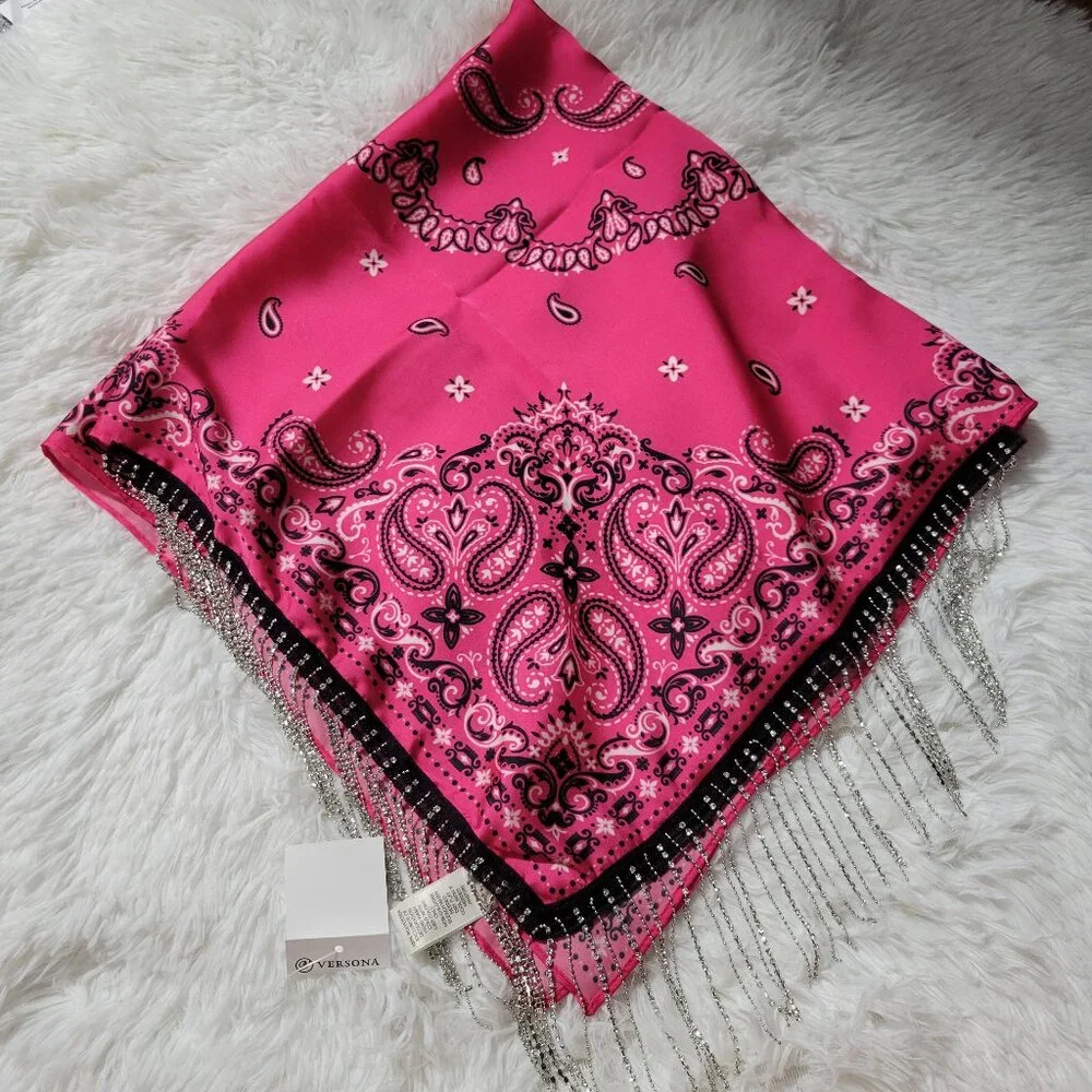 Versona Pink Bandana Scarf with Bling Fringe